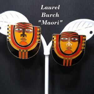 Laurel Burch "Maori" Tribal Face Mask Post Earrings, Cloisonne Enamel, 1980s